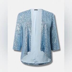 Red Holiday Sweater Dress with Gingerbread Detail Sparkling Blue Sequin Cardigan